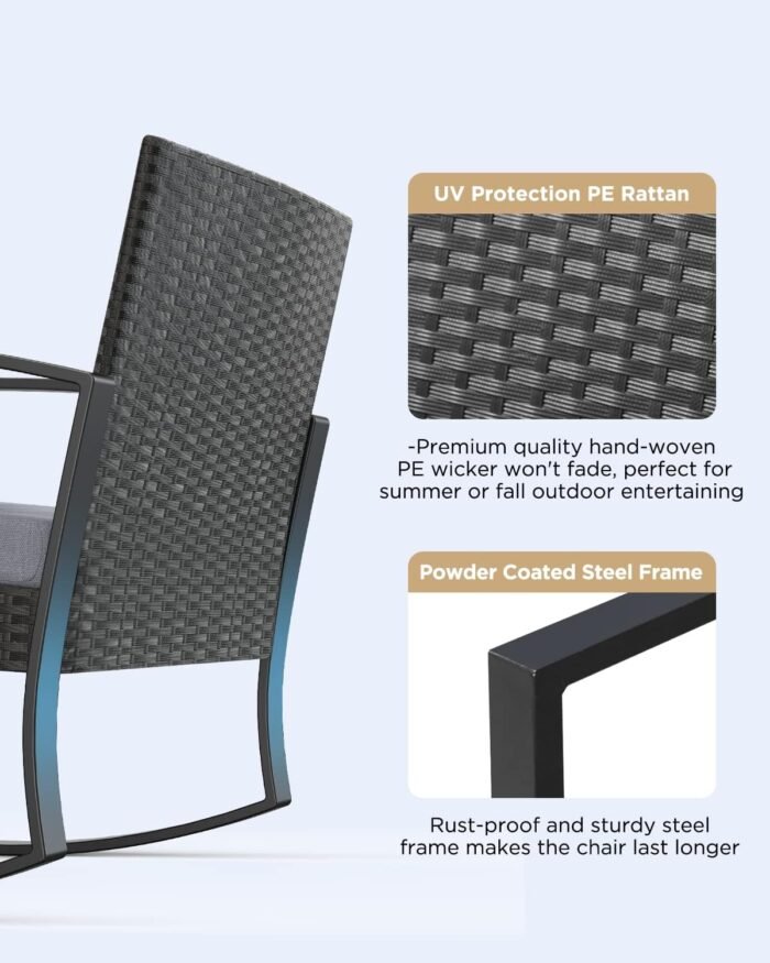 3 Pieces Patio Furniture Set Rocking Bistro Set Outdoor Rattan Conversation with Coffee Table for Garden Balcony Backyard Poolside (Grey Cushion) - Image 3
