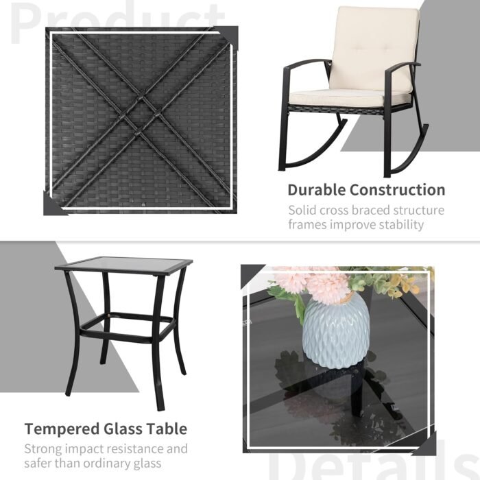 Shintenchi 3 Pieces Rocking Bistro Set Wicker Patio Outdoor Furniture, 2 Rattan Porch Chairs Conversation Sets with Glass Coffee Table (Beige) - Image 4