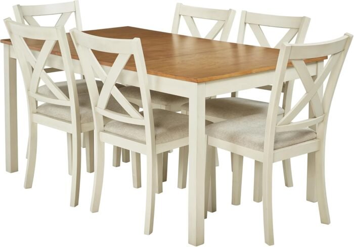AMERLIFE 7-Piece Farmhouse Solid Wood Dining Table Set with 6 Upholstered Chairs, 60" Space Saving Dinner Table & Chairs Set, for Dining Room, Kitchen, Restaurant, Brown & White