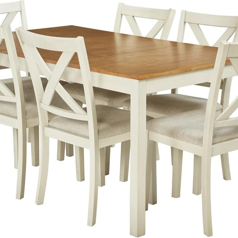 AMERLIFE 7-Piece Farmhouse Solid Wood Dining Table Set with 6 Upholstered Chairs, 60" Space Saving Dinner Table & Chairs Set, for Dining Room, Kitchen, Restaurant, Brown & White