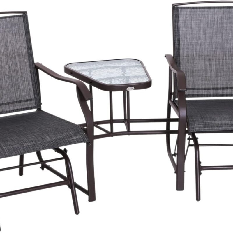 Outsunny Outdoor Glider Chairs with Coffee Table, Patio 2-Seat Rocking Chair Swing Loveseat with Breathable Sling for Backyard, Garden, and Porch, Gray