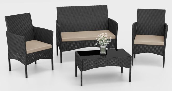 Kurapika Patio Furniture Set 4 Pieces Outdoor Wicker Rattan Chairs Conversation Sets w/Coffee Table, Rocking Bistro Set, for Patio Lawn Backyard (Sand)