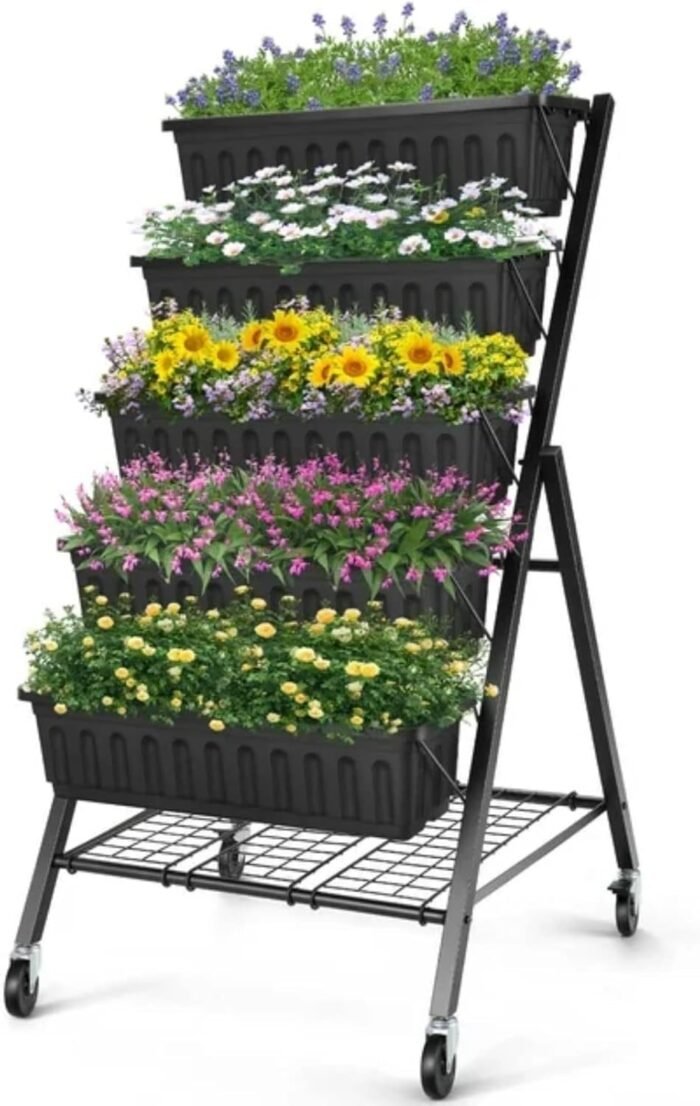 Suyncll Vertical Raised Garden Bed Planter Box,5 Tiers Vertical Garden Planter with Drainage System&4 Hooks for Herb Vegetables Flowers (Black with Storage Shelf & Wheels)