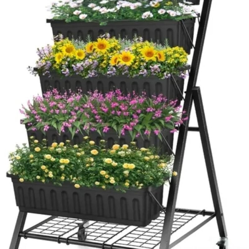Suyncll Vertical Raised Garden Bed Planter Box,5 Tiers Vertical Garden Planter with Drainage System&4 Hooks for Herb Vegetables Flowers (Black with Storage Shelf & Wheels)