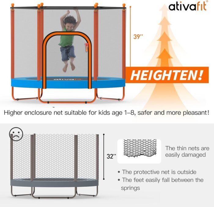 Ativafit 60'' Rebounder Trampoline Indoor Outdoor for Kids Ages 1-8, 5 FT Recreational Toddler Trampoline with Safety Enclosure Net Gifts with Basketball Hoop Dartboard Ocean Bal - Image 4