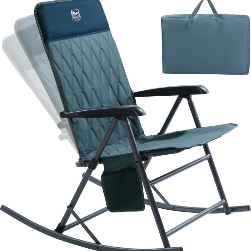 TIMBER RIDGE Adjustable Rocking Camping Chair, Padded High Back Outdoor Rocking Chair with Side Pocket, Portable Folding Rocker Chair for Adults, Supports 300 LBS for Lawn Patio Porch, Blue-1 Pack