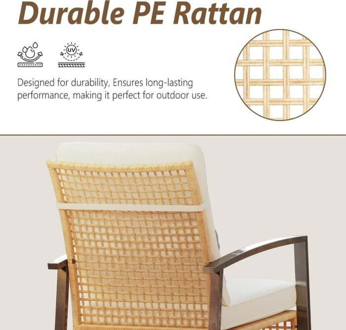 3 Piece Patio Rocking Chairs Set of 2, Outdoor Rocking Chair Bistro Set with Tempered Glass Coffee Table and Thick Lumbar Pillow Set, Front Porch Chairs for Garden, Backyard, Poolside (Beige) - Image 5