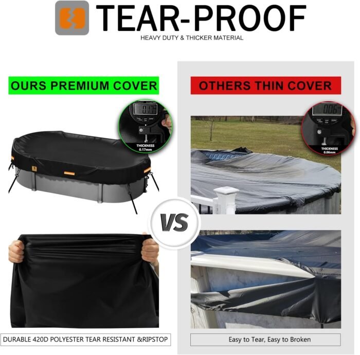 12x21 ft Rectangle Pool Covers for Above Ground Pools,Oval Winter Pool Covers,Durable Tearproof Waterproof 420D Polyester,Solar Swimming Pool Cover,Weatherproof Cold and UV-Resistant, Ground Nail Set - Image 3