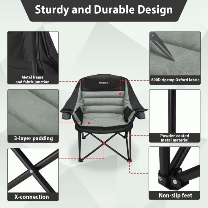 Oversized Camping Chair, Portable Folding Camping Chairs with Side Pocket, Cup Holder and Carry Bag, Heavy Duty Outdoor Camping Chairs for Adults, Fishing, Sports, Trip, up to 400lbs, Style 4 - Image 5