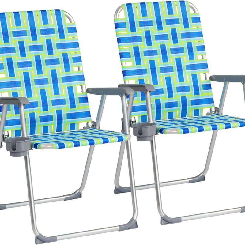 VINGLI Aluminum Patio Lawn Chairs Folding Set of 2 with Detachable Cup Holder, Webbed Beach Chair Folding Chair Outdoor Portable Camping Chair for Yard, Garden Blue alulawnchair