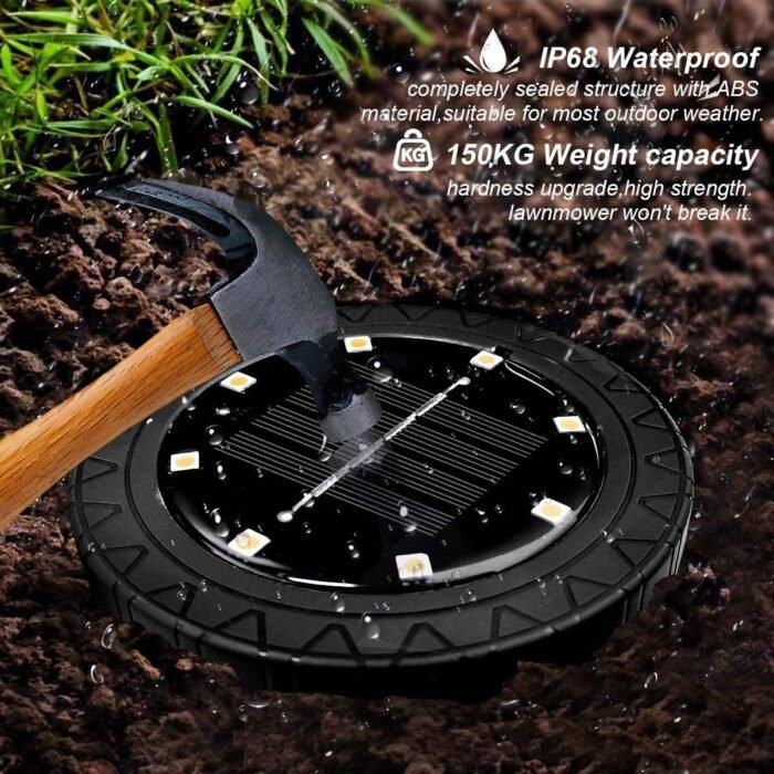 Solar Powered Ground Lights 8 Pack,IP68 Waterproof Outdoor LED Disk Lights for Garden,Non-Slip Landscape Path Lighting for Patio Lawn Yard,Pathway Wear-Resistant Deck Lights Walkway Decor(Warm White) - Image 3