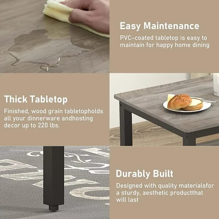Dining Table Set for 4, Kitchen Room Table Set with 2 Benches, 3-Piece Dining Chairs Set for Breakfast Nook, Grey - Image 4