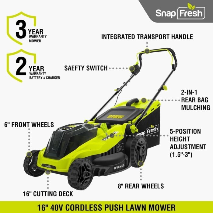SnapFresh Electric Lawn Mower Cordless - 40V (2 x 20V) 16” Brushless Push Lawn Mower with 4.0Ah Battery x 2 and Fast Charger Included - Battery Operated Lawn Mower with Bagger - Image 9