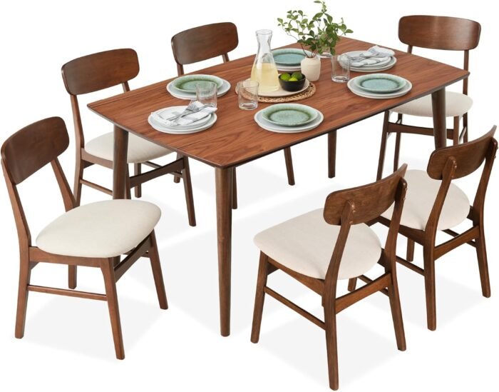Best Choice Products 7-Piece Wooden Dining Set, Mid-Century Modern Table & Upholstered Chair Set w/ 6 Chairs, Rubberwood Legs - Walnut/Cream