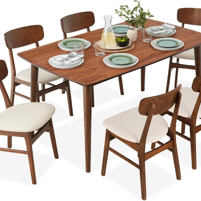 Best Choice Products 7-Piece Wooden Dining Set, Mid-Century Modern Table & Upholstered Chair Set w/ 6 Chairs, Rubberwood Legs - Walnut/Cream
