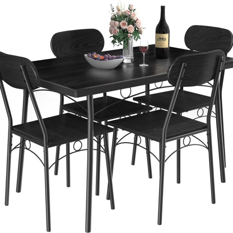 VECELO Dining Table Set for 4, 5 Piece Dinette with Chairs for Kitchen, Breakfast Nook and Small Space, Black