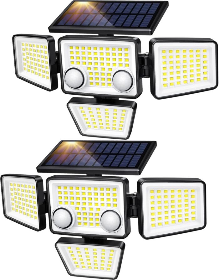 Solar Outdoor Lights - 3000LM 188 LED Motion Sensor Outdoor Lights, 4 Heads IP65 Waterproof Powered Security Flood Lights, 270°Wide Lighting Angle Wall Light with Sensors for Backyard Yard