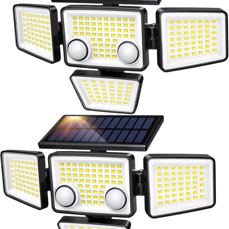 Solar Outdoor Lights - 3000LM 188 LED Motion Sensor Outdoor Lights, 4 Heads IP65 Waterproof Powered Security Flood Lights, 270°Wide Lighting Angle Wall Light with Sensors for Backyard Yard
