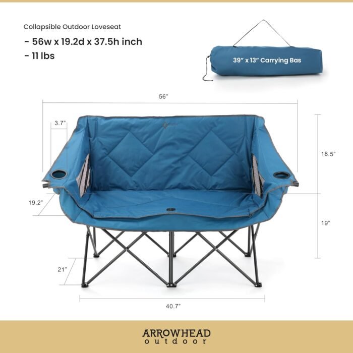 ARROWHEAD OUTDOOR Portable Folding Double Duo Camping Chair Loveseat w/ 2 Cup & Wine Glass Holder, Heavy-Duty Carrying Bag, Padded Seats & Armrests, Supports up to 500lbs, USA-Based Support - Image 2