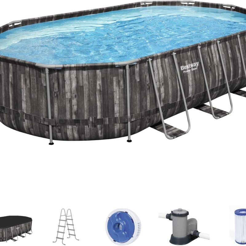 Bestway Power Steel 20' x 12' x 48" Oval Metal Frame Above Ground Outdoor Swimming Pool Set with 1500 GPH Filter Pump, Ladder, and Pool Cover