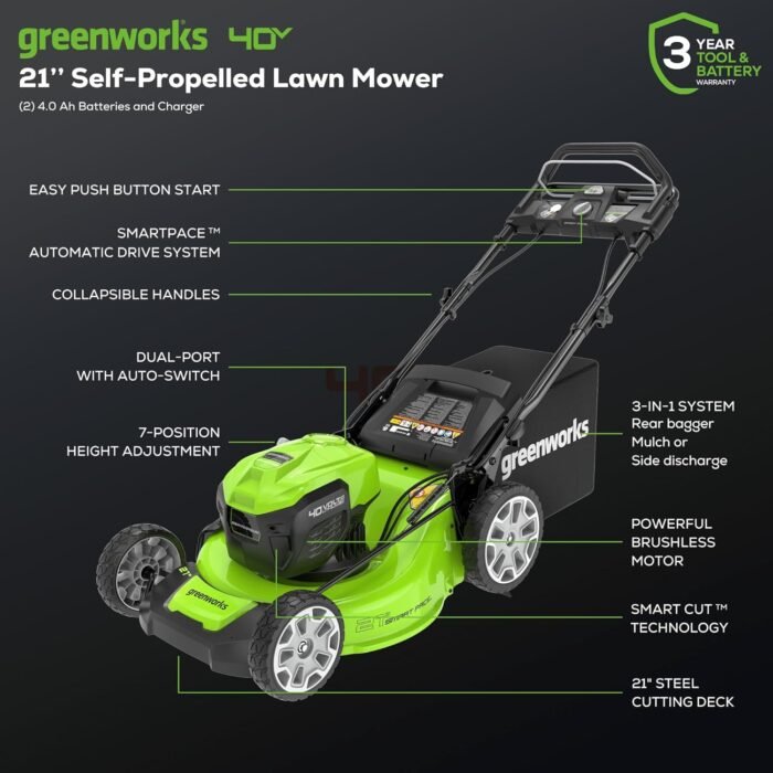 Greenworks 40V 21" Brushless Cordless (Smart Pace / Self-Propelled) Lawn Mower (75+ Compatible Tools), (2) 4.0Ah Batteries and Charger Included - Image 2