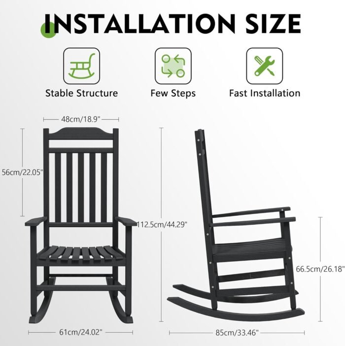 Rocking Chair Outdoor Set of 2,Black Wooden Patio Oversized Rocking Chairs,All Weather High Back Freestyle Porch Rocker Chairs for Lawn Garden Fire Pit Backyard Deck Indoor - Image 2