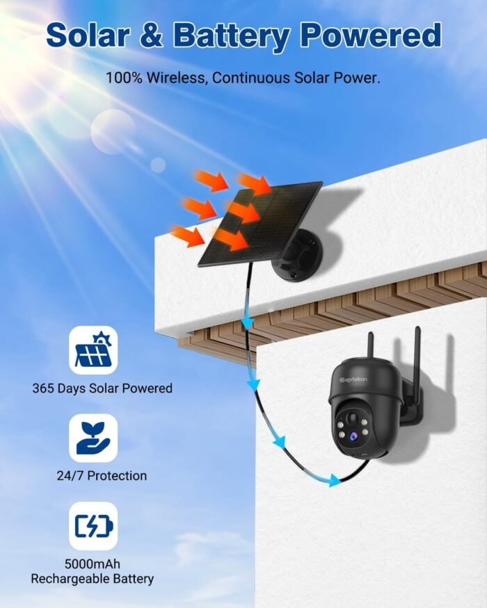 Septekon 2K Solar Security Cameras Wireless Outdoor 2 Pack, 360°PTZ Battery Powered Outdoor Camera, 2.4G WiFi Camera with Spotlight Color Night Vision, Motion Sensor Alarm, IP66, Black - Image 3