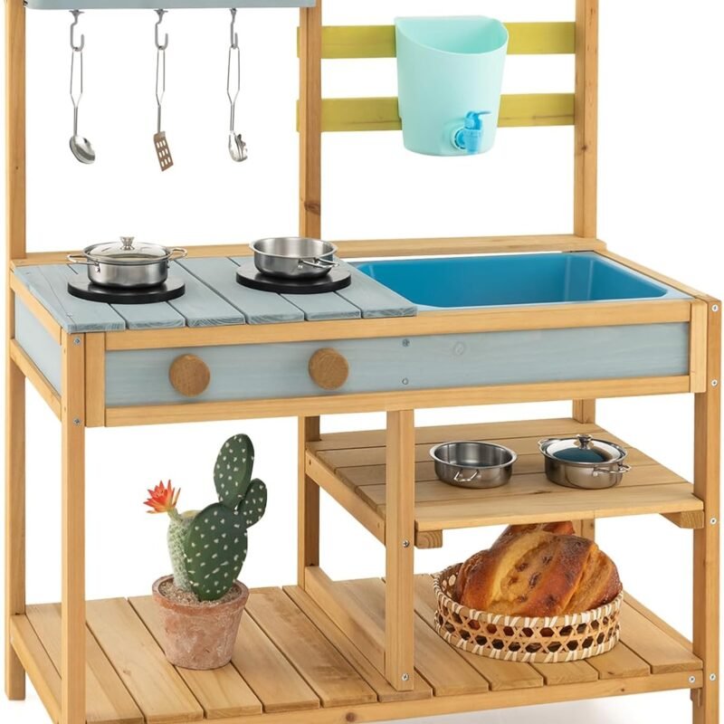 Costzon Wooden Kids Play Kitchen, Outdoor Mud Kitchen with Removable Sink, Water Box & Faucet, Stove Top, Storage Shelves, Fun Backyard Pretend Kitchen Playset for Boys Girls 3+ (Blue)