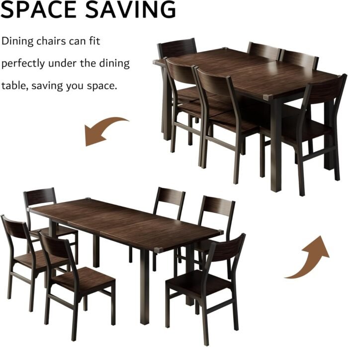 iPormis 7 Pieces Dining Table & Chairs Set for 4-6, 63" Extendable Kitchen Table and 6 Chairs, Dining Room Table with MDF Board & Metal Frame, Perfect for Small Space, Easy Clean, Espresso - Image 7