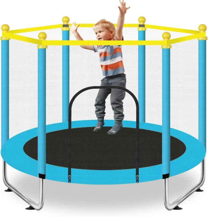 60" Toddler Trampoline for Kids Ages 1-8, Indoor & Outdoor Kids Trampoline with Safety Enclosure Net, Birthday Gifts for Kids (Blue)