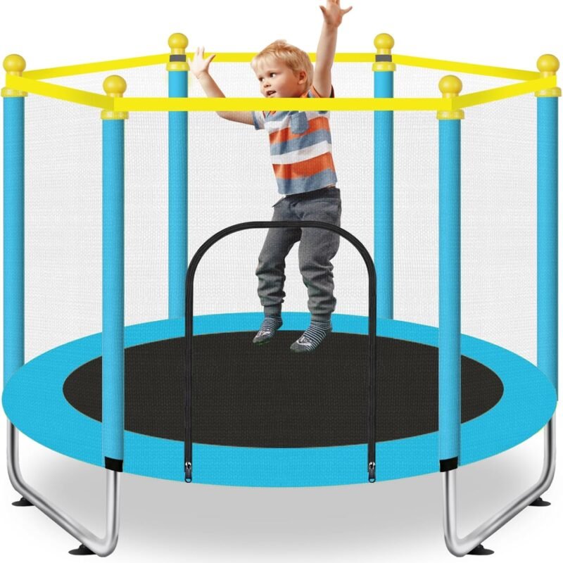 60" Toddler Trampoline for Kids Ages 1-8, Indoor & Outdoor Kids Trampoline with Safety Enclosure Net, Birthday Gifts for Kids (Blue)