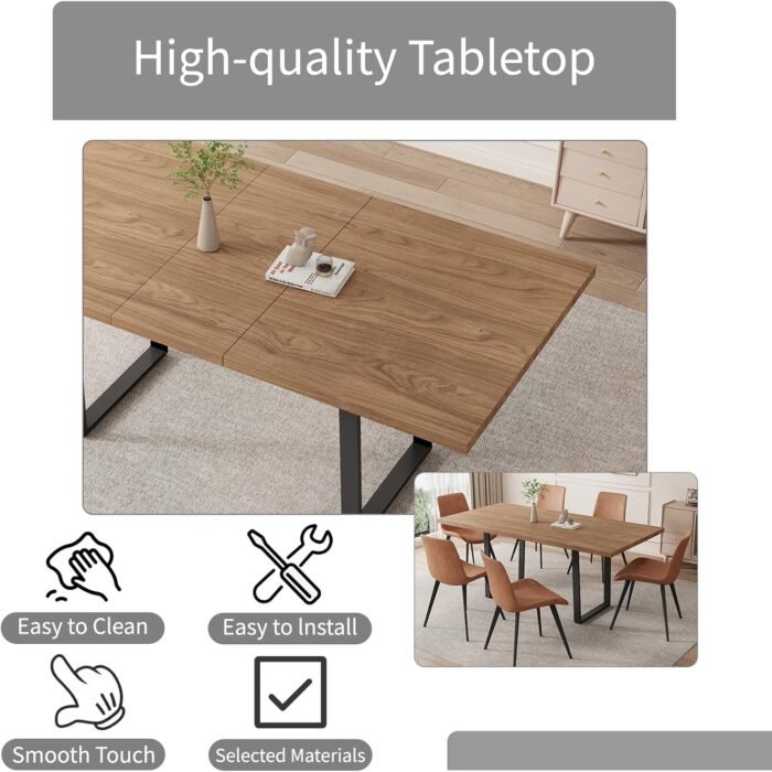 ZckyCine 67" Expandable Walnut Dining Table and 6 Upholstered Chairs, 7-Piece Dining Room Furniture Set, Mid-Century Modern Style for Home, Dining Room and Kitchen - Image 3