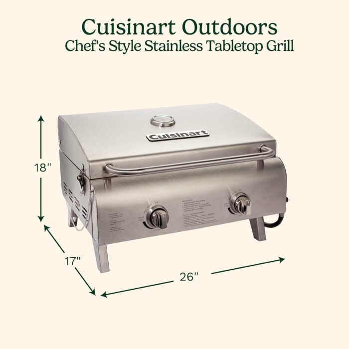 Cuisinart Chef's Style Tabletop Portable Propane Gas Grill with Dual Burners (20,000 BTUs Total), Stainless Steel Small Grill for Camping, Tailgates and Barbecues - Image 2