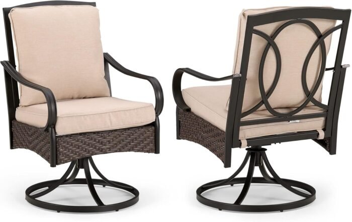 PHI VILLA Patio Swivel Chairs Set of 2, Extra Large All-Weather Outdoor Dining Chair, Gentle Rocking Metal Wicker Frame with Padded Cushions for Lawn, Deck, Garden, Backyard