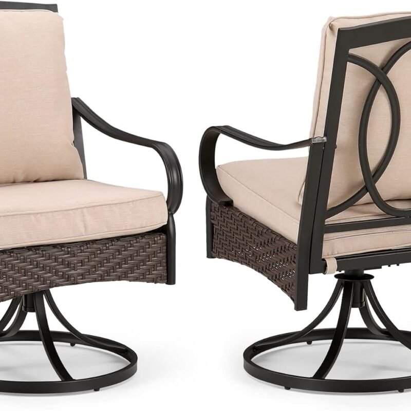 PHI VILLA Patio Swivel Chairs Set of 2, Extra Large All-Weather Outdoor Dining Chair, Gentle Rocking Metal Wicker Frame with Padded Cushions for Lawn, Deck, Garden, Backyard