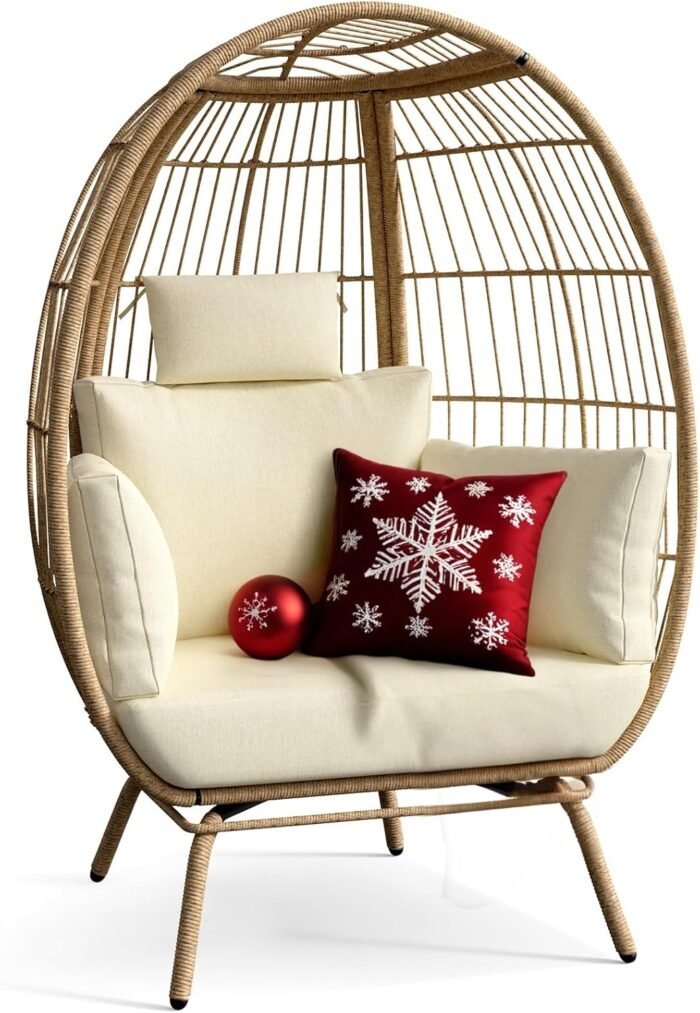 DWVO Oversized Egg Chair, Indoor Outdoor Egg Shape Wicker Chair for Patio, Backyard, Living Room, Basket Chair w/ 5 Cushions, 450lb Capacity, 40in Width, Steel Frame (Beige)