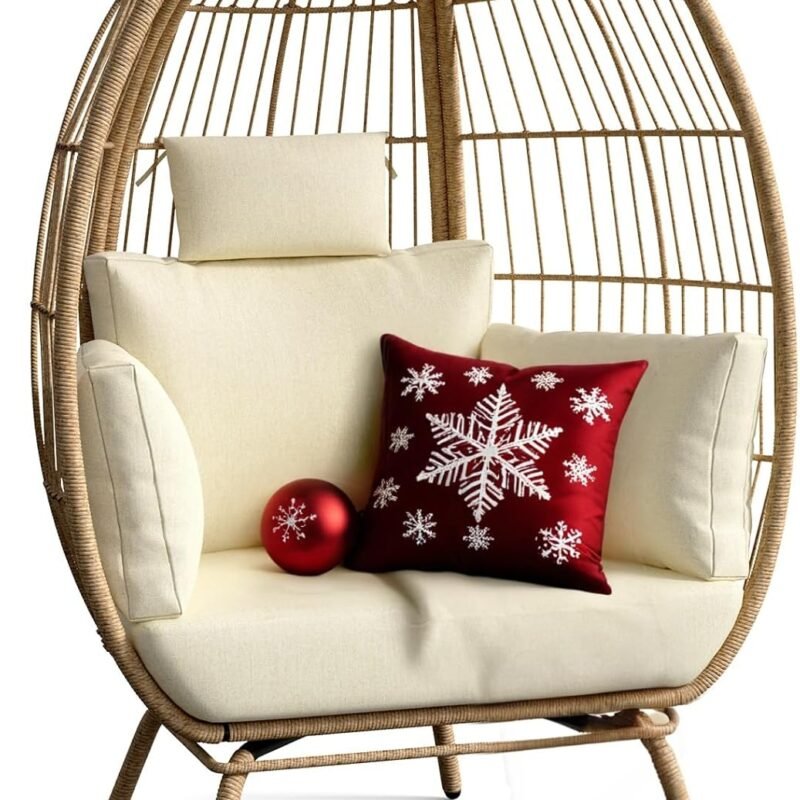 DWVO Oversized Egg Chair, Indoor Outdoor Egg Shape Wicker Chair for Patio, Backyard, Living Room, Basket Chair w/ 5 Cushions, 450lb Capacity, 40in Width, Steel Frame (Beige)