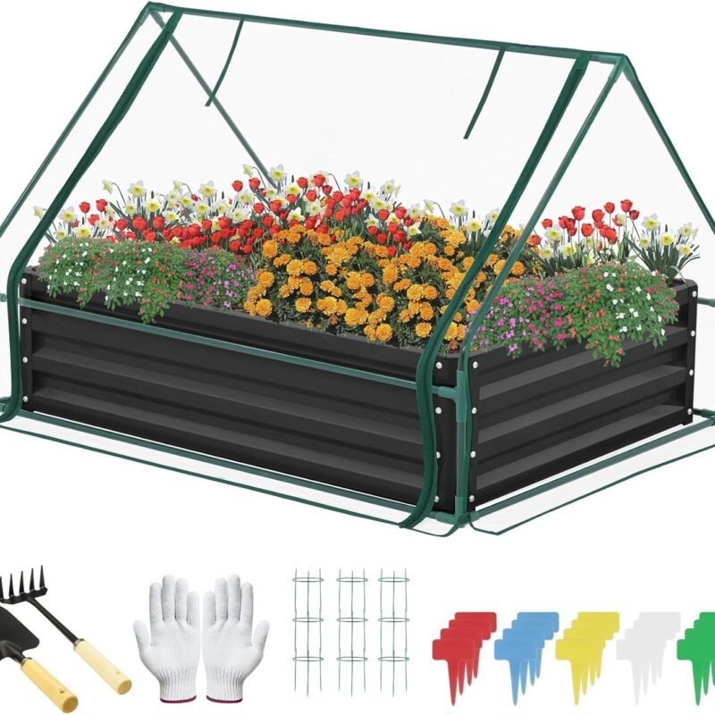 ONCEMORE 4x3x1 FT Metal Raised Garden Bed with Greenhouse 1 Large Zipper Windows Dual Use,Galvanized Steel Raised Garden Bed for Gardening Vegetables Fruit ,20pcs T-Types Tags & 1 Pair of Gloves