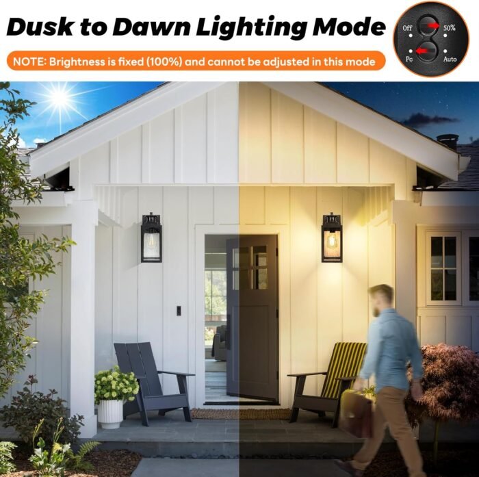 Motion Sensor Outdoor Lights Fixture, Dusk to Dawn Exterior Porch Light Wall Mount with Water-Rippled Glass, Black Modern Outside Wall Sconce Lanterns for House, Garage, Patio, Bulbs Not Included - Image 3