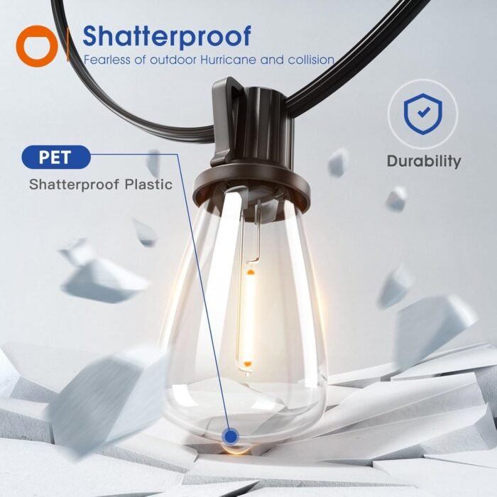 addlon 100FT(50FT*2) LED Outdoor String Lights Waterproof Patio Lights with 32 Shatterproof ST38 Replaceable Bulbs(2 Spare), Dimmable Outside Hanging Lights Connectable for Porch, Backyard, 2200K - Image 3