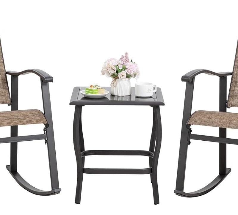 Shintenchi 3 Piece Rocking Bistro Set, Outdoor Furniture with Rocker Chairs and Glass Coffee Table Set of 3, Balcony, Porch Furniture for Small Space, Brown