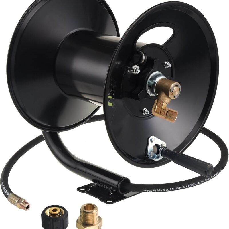 M MINGLE High Pressure Washer Hose Reel 150ft, Heavy Duty Steel Hose Reel, Manual Crank Power Washer Hose Reel with 3/8" Pressure Wash Whip Hose, Swivel Arm and Mounting Bracket, 4000 PSI