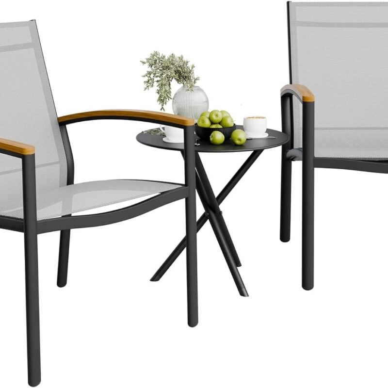 Shintenchi 3 Pieces Patio Bistro Sets, Outdoor Textilene Fabric Conversation Bistro Set, Textilene Fabric Front Porch Chairs Small Patio Furniture Set with Table for Lawn,Garden,Balcony (Grey)
