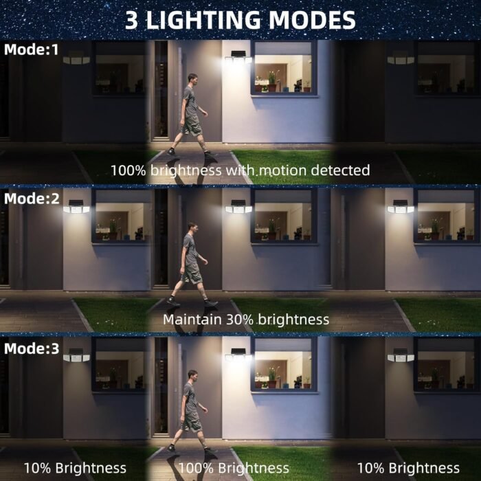 Solar Lights Outdoor 2500LM Motion Sensor Outdoor Lights,3 Head 355° Wide Angle Street Area Lights, Waterproof Security Lights with 3 Modes(Non-Remote,2 Pcs) - Image 6
