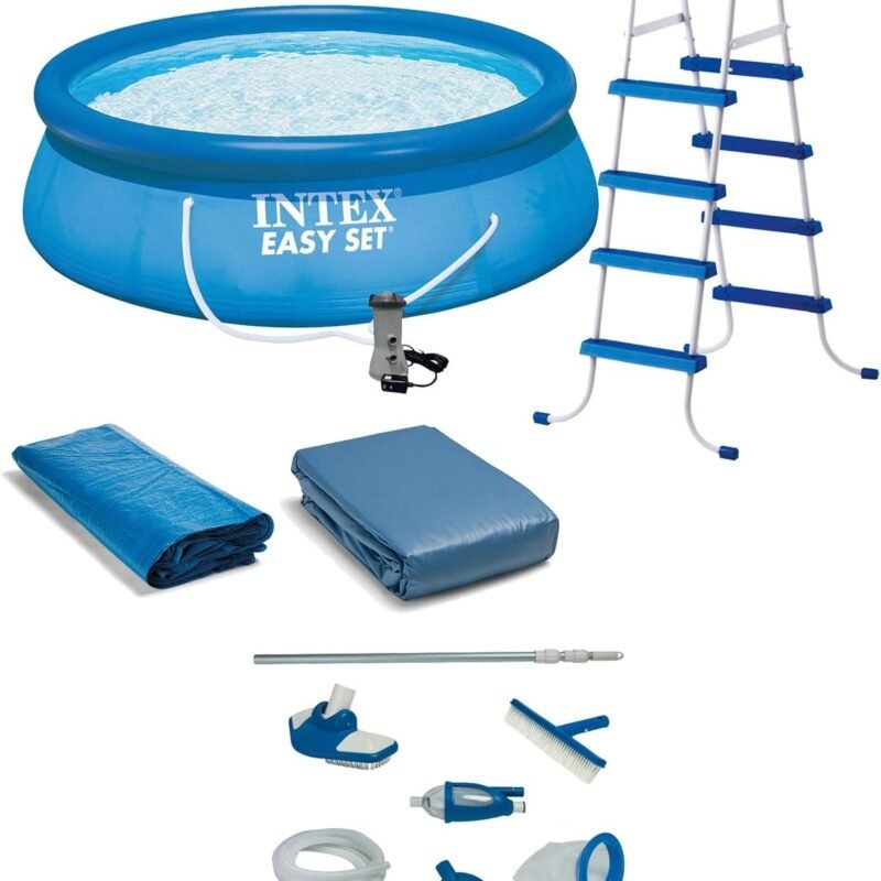 Intex 15'x48 Round Inflatable Outdoor Above Ground Swimming Pool Set with Ladder, Filter Pump, and Deluxe Maintenance Pool Cleaning Kit for Backyards