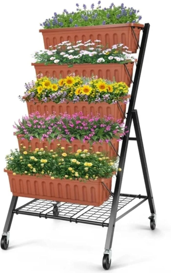 Suyncll Vertical Raised Garden Bed Planter Box,5 Tiers Vertical Garden Planter with Drainage System&4 Hooks for Plants Vegetables Flowers (Brown with Storage Shelf & Wheels) (3.74FT)