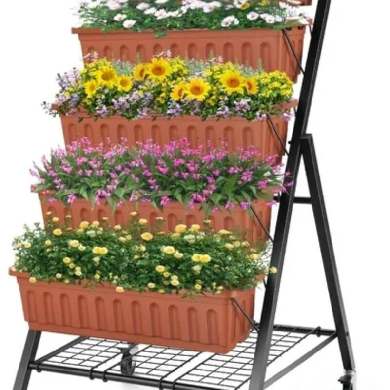 Suyncll Vertical Raised Garden Bed Planter Box,5 Tiers Vertical Garden Planter with Drainage System&4 Hooks for Plants Vegetables Flowers (Brown with Storage Shelf & Wheels) (3.74FT)