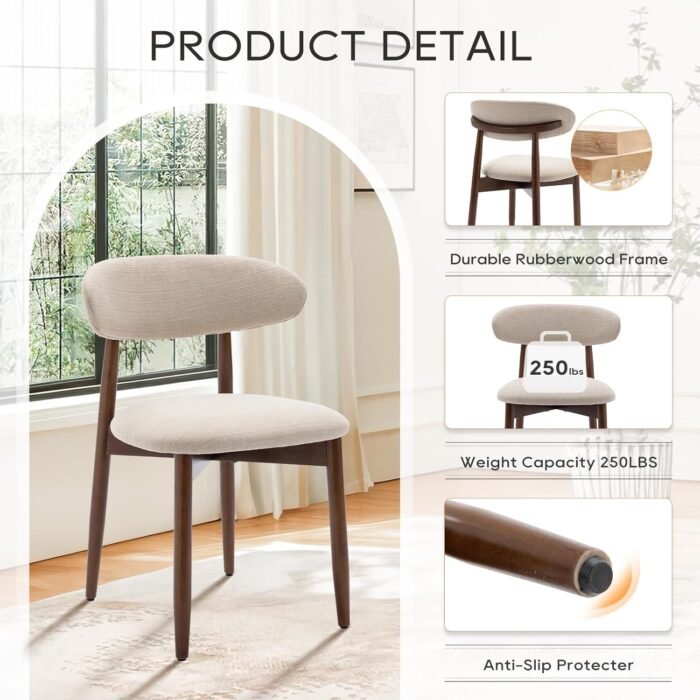 COLAMY Wooden Dining Chairs Set of 6, Modern Fabric Upholstered Dining Room Chair, Farmhouse Kitchen Side Chairs with Foot Pegs, Beige - Image 5