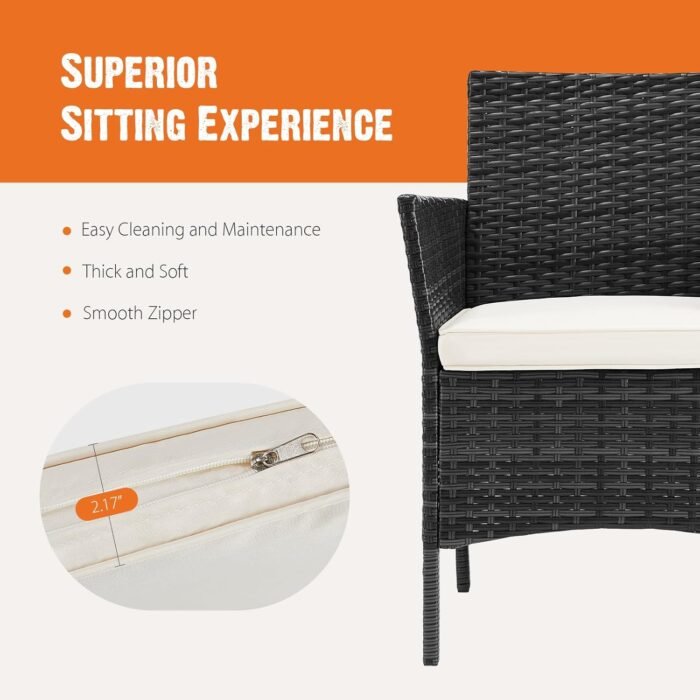 Sweetcripy Patio Furniture Set 3 Pieces, Outdoor Furniture with Soft Cushion and Glass Table, All Weather Manual Weaving Wicker Rattan Patio Chairs for Garden, Terrace, Porch(Black and Beige) - Image 6