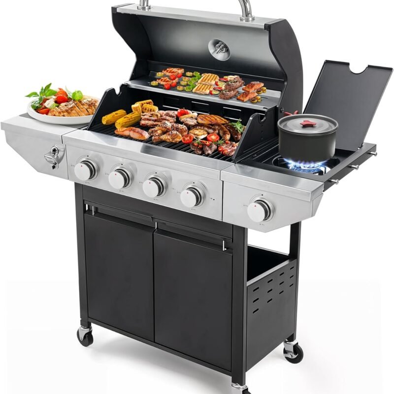 4 Burner Propane Gas Grill with Side Burner, Stainless Steel BBQ Grill 48,500 BTU for Outdoor Cooking Kitchen, Garden and Patio Backyard Barbecue, Black and Silver